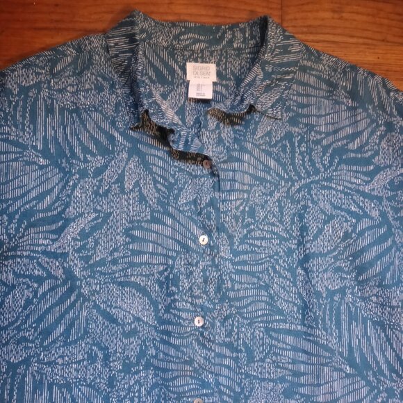 SIGRID OLSEN 100% linen teal printed button down shirt (L) - Picture 3 of 12